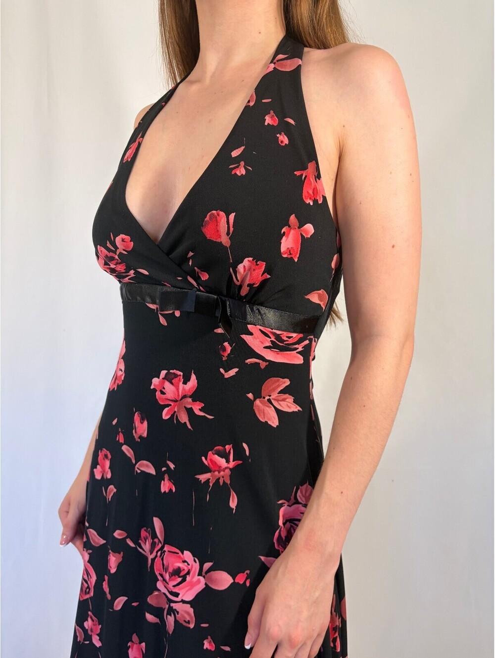 B Darlin Black and Pink Floral Ribbon Y2k Halter Knee Length Dress